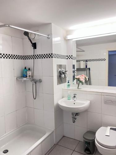 科隆Ferienwohnungen in Köln2201的白色的浴室设有水槽和卫生间。