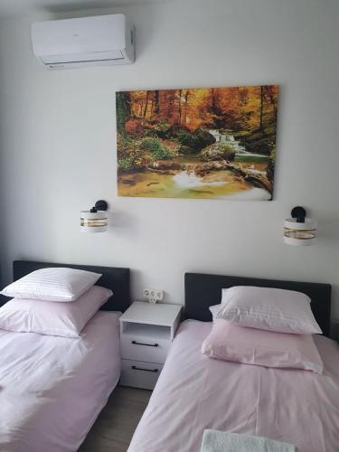 博莱斯瓦维茨Comfort Stay, EV, Parking的一间卧室设有两张床,墙上挂着一幅画