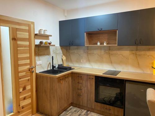 巴伊纳巴什塔Planinska kuća Srna的厨房配有木制柜台和蓝色橱柜。