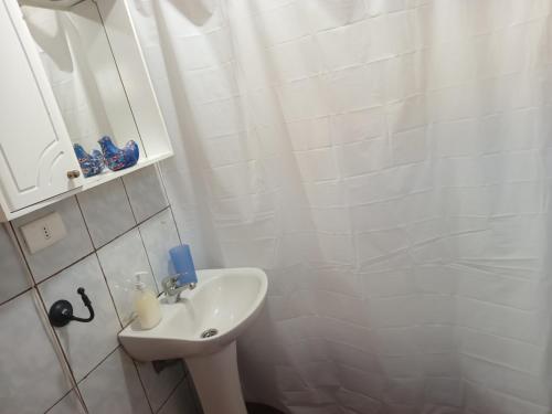 科伊艾科HOSPEDAJE POR TEMPORADA VERANO COYHAIQUE的白色的浴室设有水槽和淋浴。