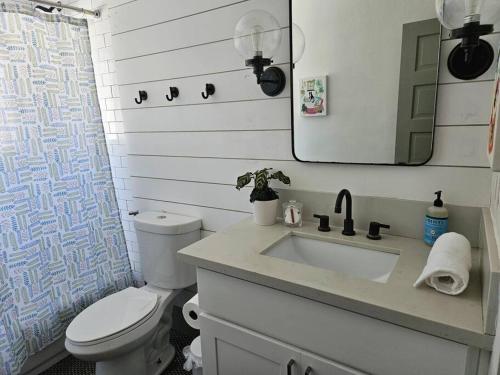 长滩Entire home in Historic Long Beach close to shops的一间带水槽、卫生间和镜子的浴室