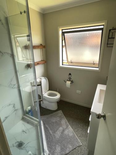 汉密尔顿Self checkin master room with private bathroom的一间带卫生间和玻璃淋浴间的浴室