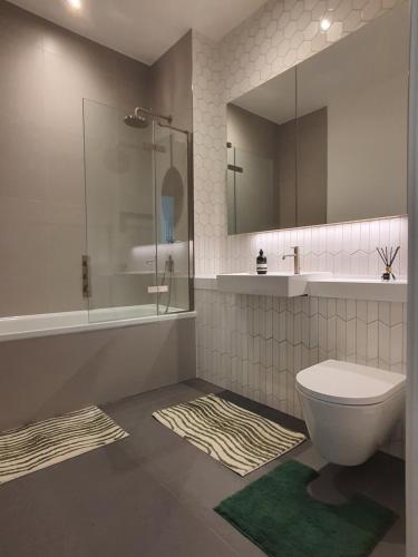 伦敦Cozy Room with Private Bathroom in Luxurious Flat的一间带卫生间、淋浴和镜子的浴室