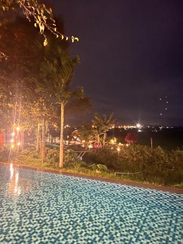 Buôn Kô M'lêoKomleo Farm的棕榈树的夜间游泳池