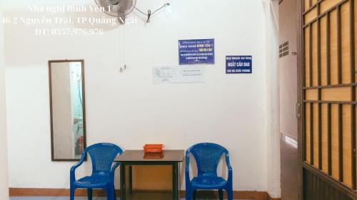广义Nhà nghỉ Bình Yên - Miễn phí khăn lạnh, nước suối. Giá chỉ 40k/1h đầu (giờ sau +10k)的两个蓝色椅子坐在桌子旁,放在一个房间里