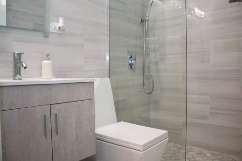 伊莎贝拉Islabella Guest House的带淋浴、卫生间和盥洗盆的浴室