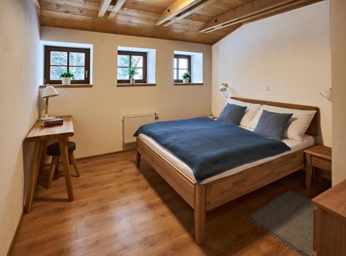 赫日布斯卡Na jelení stezce的一间卧室配有一张床、一张书桌和两个窗户。