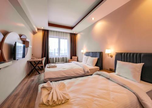 卡尔斯IŞIL PARK HOTEL的一间酒店客房,设有两张床和电视