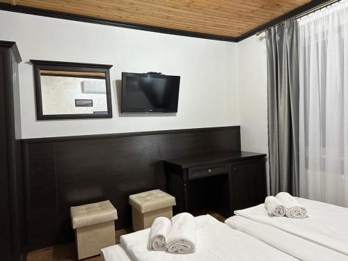亚布卢尼齐亚Готельний комплекс Парламент, Яблуниця的酒店客房设有两张床和一台平面电视。