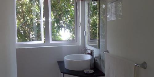 格兰高伯Real Mauritius Apartments的一间带水槽和窗户的浴室