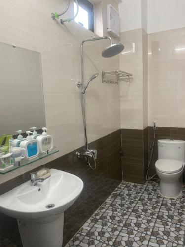 峰牙Phong Nha Cherish House的一间带水槽、卫生间和镜子的浴室