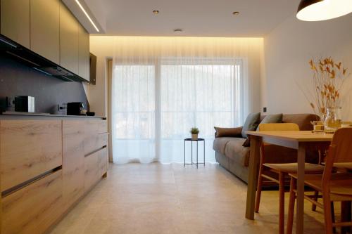安达洛Chalet Larix Andalo Deluxe Apartments的厨房以及带沙发和桌子的客厅。