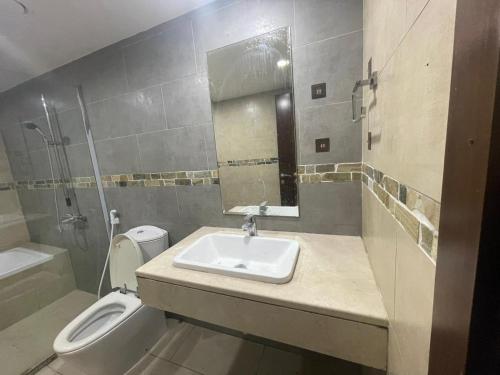 阿布扎比Heart of Abu Dhabi - Adorable Master Room的一间带水槽、卫生间和镜子的浴室
