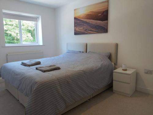 卡纳芬Peaceful marina-side house in north Wales的一间卧室配有一张床,上面有两条毛巾