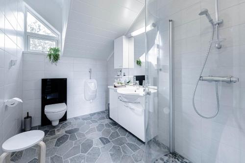 StorslettReisa Lodge的浴室配有卫生间、盥洗盆和淋浴。
