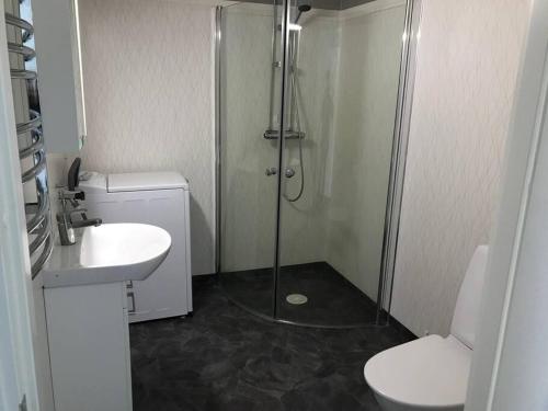 卡尔斯库加Lägenhet med uteplats的带淋浴、卫生间和盥洗盆的浴室