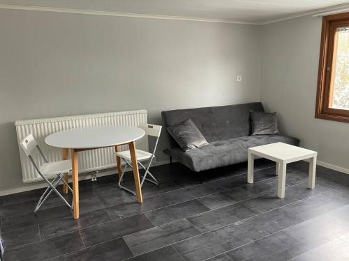 卡尔斯库加Lägenhet med uteplats的客厅配有沙发和桌子