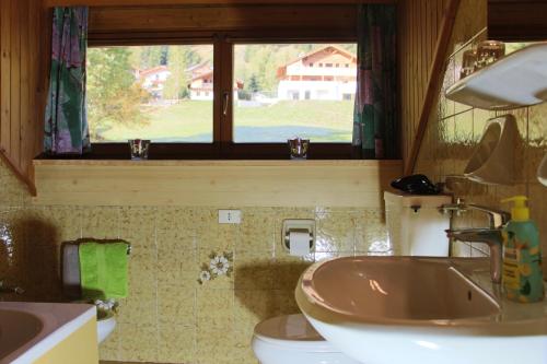 拉维拉Ciasa Alfri的一间带水槽和卫生间的浴室以及窗户。