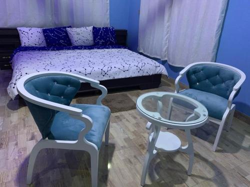 MiochoFamily & Friends Apartments的一间卧室配有一张床、两把椅子和一张桌子