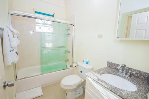 圣安斯贝Ocho Rios Drax Hall 1 Bedroom sleeps 1-3 persons的浴室配有卫生间、淋浴和盥洗盆。