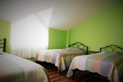 Lago Sagrado Titicaca - Casa de Campo & Agroturismo的绿色的客房设有两张床和窗户。