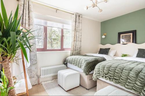 伦敦Spring Stays Cosy 2-Bed Residence with Free Parking的卧室设有两张床铺和绿色的墙壁