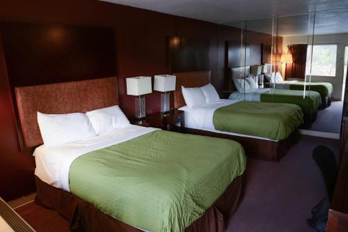 CollinsvilleRelax Inn的酒店客房,配有两张带绿床单的床