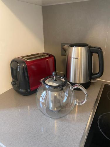 日内瓦HOCORAS Apartment的厨房柜台配有茶壶和烤面包机