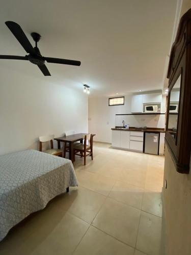 拉巴斯Monoambiente La Paz的一间卧室配有一张床,厨房配有桌子