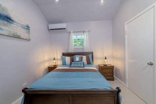 BuckleysCozy Corner (Mercy's Place)的一间卧室配有一张带蓝色床单的床和一扇窗户。