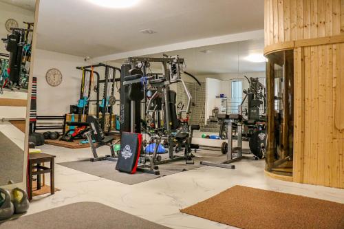 米洛维采Penzion Kotvas的一间健身房,里面有很多设备