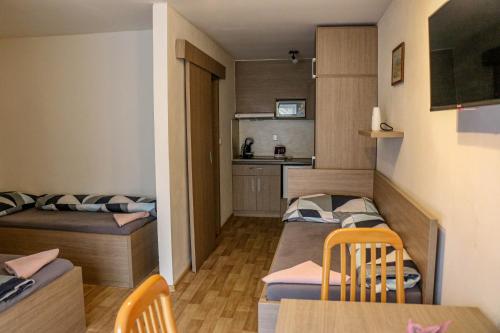米洛维采Penzion Kotvas的小型公寓 - 带两张床和一张桌子及椅子