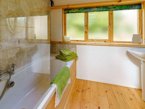 Rhyd Owen1 bed in Llandysul 85671的带浴缸、水槽和窗户的浴室