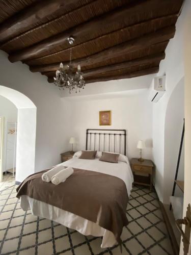 蒙蒂利亚Casa Cordón的一间卧室设有一张大床和木制天花板