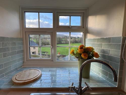 West BurtonWonderfully Scenic and Comfortable Dales Mill Property的浴室设有窗户和花瓶水槽