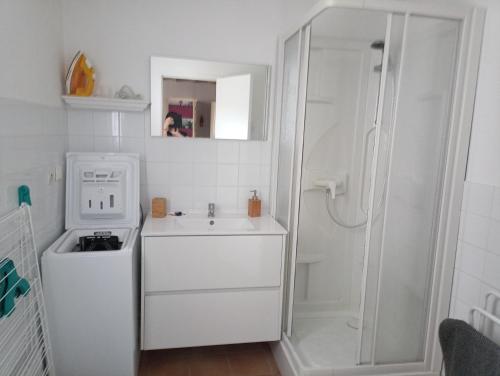 FossemagneLe Mas de Sorias的白色的浴室设有水槽和淋浴。