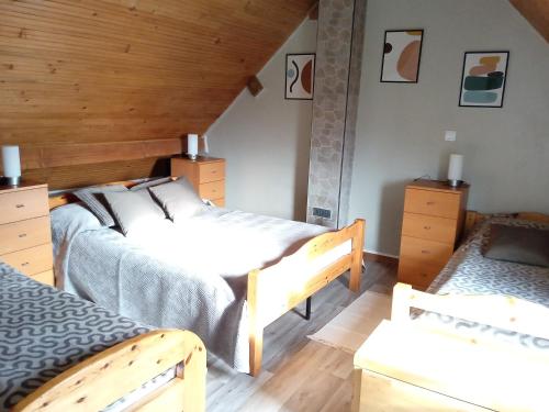 GombergeanMaison de vacances Sol & Piper的配有木墙和木地板的客房中的两张床