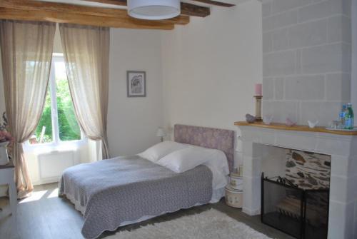 Mûrs-ÉrignéLa Petite Boire - Chambres d'hôtes的一间卧室配有一张床和一个壁炉
