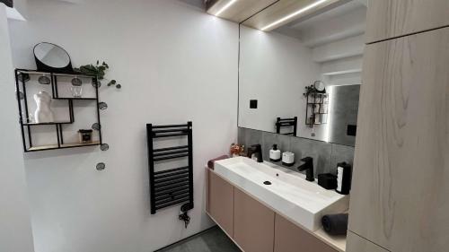 鲁容贝罗克apartmanhrabovob14的一间带水槽和镜子的浴室