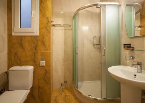 普利特拉Kyniska Hotel的带淋浴、卫生间和盥洗盆的浴室