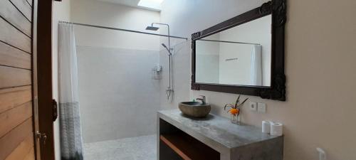乌布Umah Landuh的浴室配有盥洗盆和带镜子的淋浴