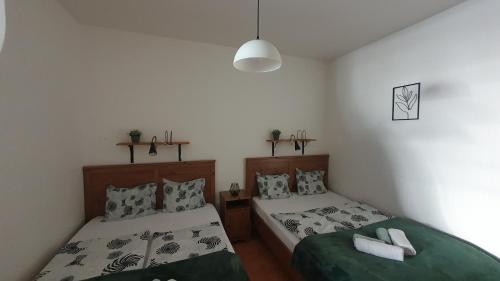 多纳瓦利KF Apartment Donovaly的一间卧室配有两张床和一盏灯