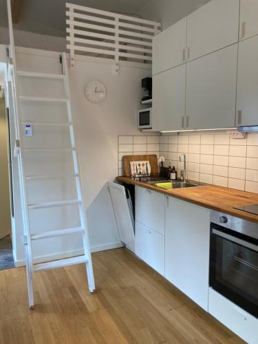哥德堡Tiny grey house with loft, 15 min from city center的厨房配有白色橱柜和梯子