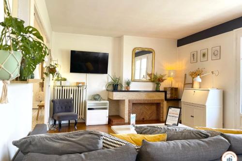 凯恩Le Penthouse - Magnifique Vue - Standing的带沙发和壁炉的客厅