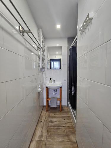 罗兹Północna Rooms的白色的浴室设有水槽和镜子