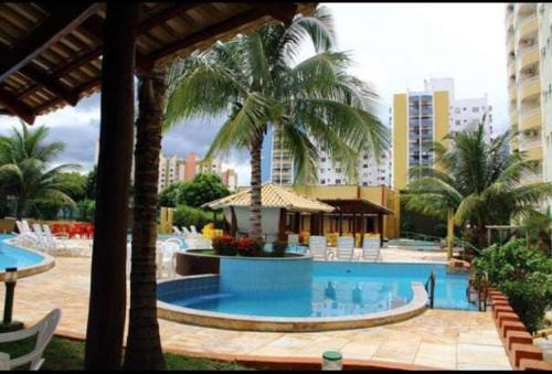 卡达斯诺瓦斯Condominio Residencial Thermas Place的度假村内棕榈树游泳池