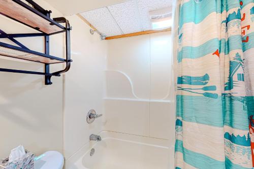 艾恩伍德Alpine Horn Lodge at Big Powderhorn Mountain - Unit C的带淋浴帘和卫生间的浴室