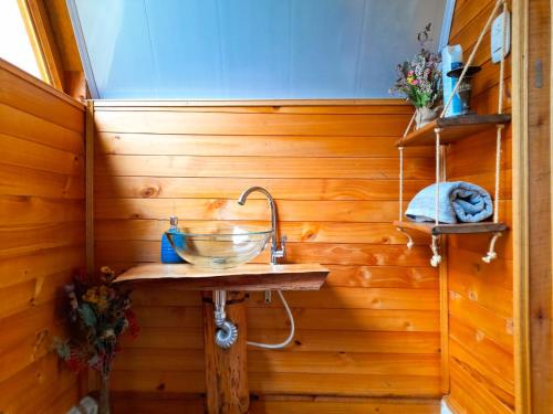 瓜塔维塔Dante Glamping的木墙内带水槽的浴室