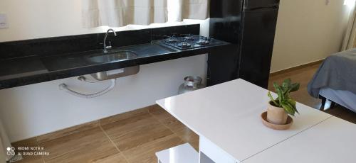 巴伊亚福尔莫萨Quarto Família - Com Suíte的一个带水槽和桌子的小厨房