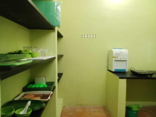 马杜赖gplushomestay的一间带绿色墙壁和微波炉的小厨房